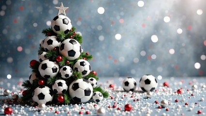 New Year tree made of soccer balls on a gray festive background