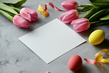 Pink tulips, yellow and red eggs, and a blank card on a gray background