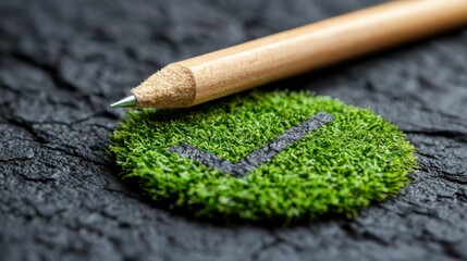 Green checkmark formed with moss beside a pencil