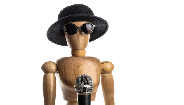 A wooden mannequin with a hat and sunglasses holding a microphone, ready to speak. This photo evokes a sense of performance and mystery.