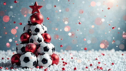 New Year tree made of soccer balls on a gray festive background