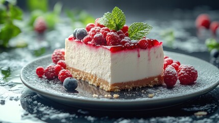 Cheesecake slice with berries and mint on a plate against a blurred background.
