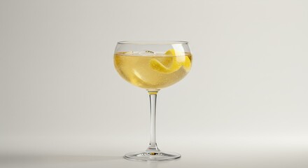 French 75 Cocktail Display with Lemon Twist Garnish In Clear Glass Against Plain Background For Ads Promotion And Festive Celebration