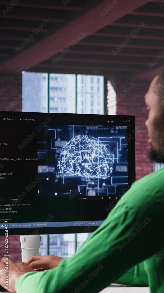 Fototapete Vertical Video Black tech engineer programming an AI brain neural network for machine learning, doing maintenance and debugging the software systems. Technician expert uses coding language. Camera B.