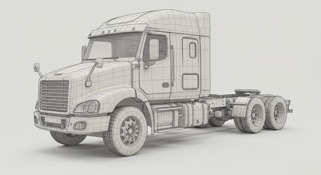 Freightliner Cascadia Semi Truck Wireframe Model - Detailed wireframe model of a Freightliner Cascadia semi truck, perfect for transportation, logistics, and trucking industry related projects