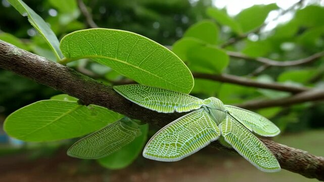 Two intricately patterned green planthoppers perched on a brown tree branch surrounded by vibrant green leaves in nature