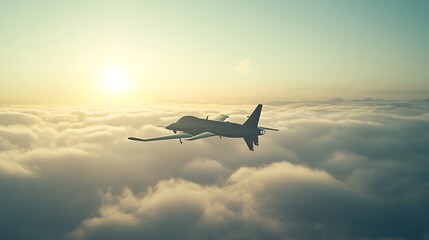 Jet aircraft soars above a blanket of clouds at sunrise.