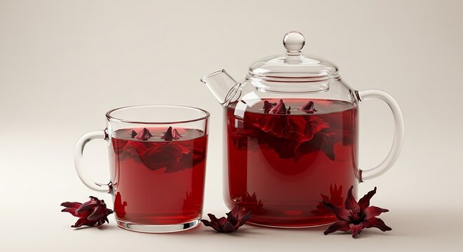 Hibiscus Tea in Clear Glassware with Red Hue and Soft Lighting on Creamy Background Perfect for Ads and Culinary Projects