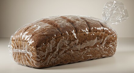 Freshly Baked Loaf Wrapped in Plastic Film - A rustic loaf of bread, freshly baked and sealed in transparent plastic wrap, symbolizes freshness, preservation, wholesomeness, baking, and food packaging