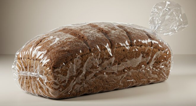Freshly Baked Loaf Wrapped in Plastic Film - A rustic loaf of bread, freshly baked and sealed in transparent plastic wrap, symbolizes freshness, preservation, wholesomeness, baking, and food packaging