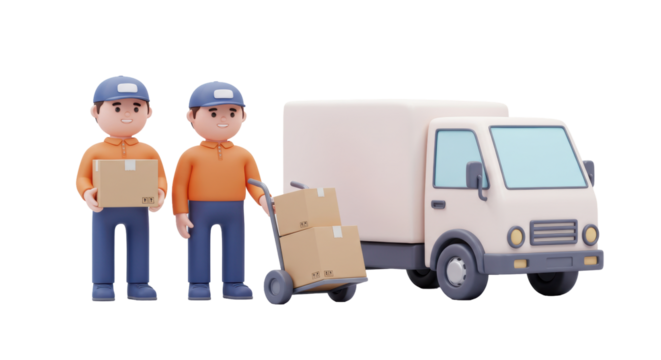 Isolated Delivery Men with Cardboard Boxes and Truck for Logistics