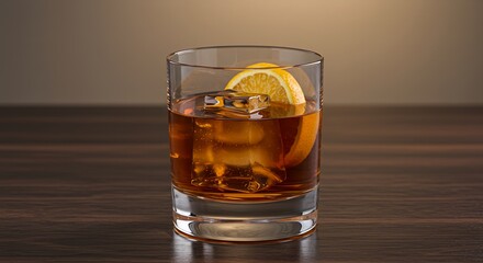 Manhattan Whiskey Cocktail with Orange Peel Garnished Drink on Wood Surface in Advertising Style
