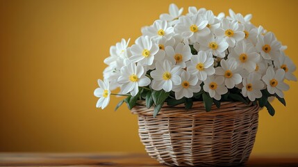 Wicker basket filled with white flowers against a yellow backdrop on wooden surface.