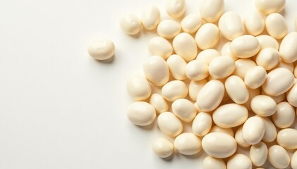 Close-up of numerous white beans against a pure white backdrop, isolated, white, vegan