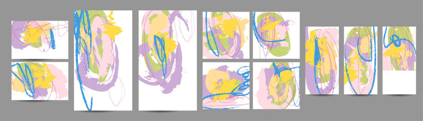 Abstract art Simple comfortable paint brush soothing pastel muted pale calm tones card templates set. Collection of romantic invitations