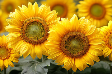 Obraz premium Radiant Sunflowers: A vibrant close-up captures three radiant sunflowers in full bloom, their golden petals and dark centers creating a stunning display of natural beauty.