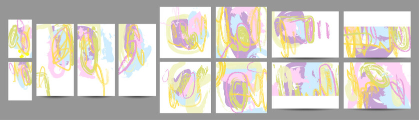 Abstract art Simple comfortable paint brush soothing pastel muted pale calm tones card templates set. Collection of romantic invitations