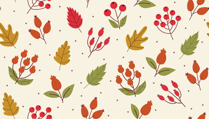 Seamless autumn pattern with leaves and branches with berries. Cute fall cover, wrapping paper, textile and more.