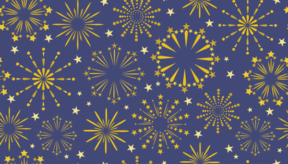 Seamless pattern with gold fireworks in the sky. Colorful background for Independence Day or other celebrations.