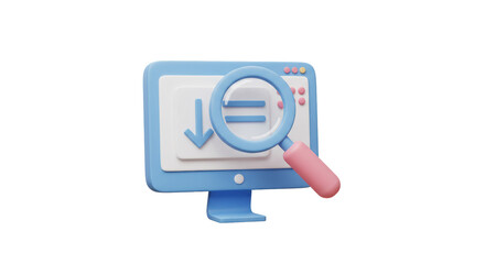 Isolated Computer Monitor with Magnifying Glass and Download Icon for Web Search