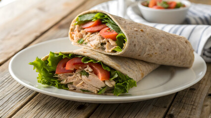 Healthy Wrap tuna Sandwich on Rustic Wooden Surface