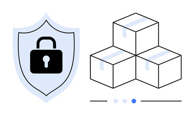 Shield with lock symbolizes security alongside three stacked boxes representing logistics. Ideal for cybersecurity, e-commerce, shipping, storage, logistics solutions, secure transport, simple