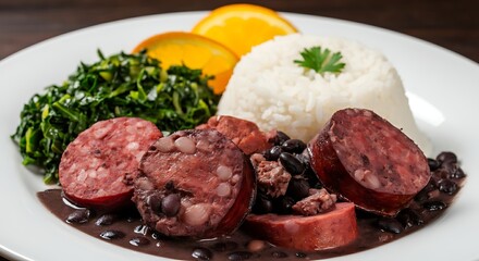 Fototapeta premium A top-down view of a traditional Brazilian feijoada served on a white ceramic plate. Includes black beans, pork cuts, white rice, farofa, sautéed collard greens, and orange slices. 