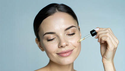 Fototapeta premium a beautiful woman is applying facial serum to her skin. The woman is smiling and has a soft, natural beauty, glowing face 