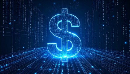 A digital representation of a dollar sign, gleaming in the neon light of a virtual landscape, representing the realm of finance and technology.