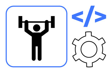 Person lifting a barbell, coding angle brackets, and gear icon representing strength, technology, and process. Ideal for health apps, coding websites, workflows, innovation teamwork tech-fit