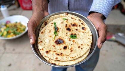 A close-up shot of a person's hands holding a metal plate filled with freshly baked roti, a staple in many cuisines, showcasing the warmth and deliciousness of the dish