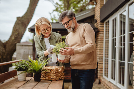 Happy mature couple gardening and watering potted plants outdoor