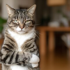 Obraz premium Standing Striped Cat with Crossed Arms and Serious Expression Indoors