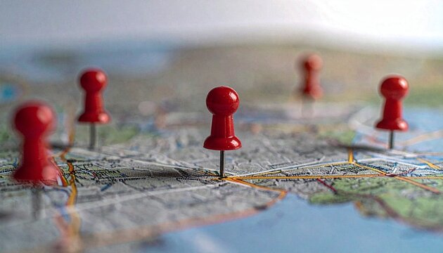 A detailed world map with multiple red push pins marking different locations, symbolizing travel plans, exploration, or data points