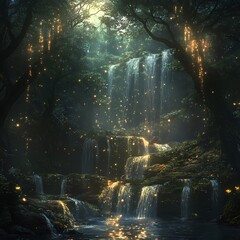 Enchanting waterfall in a mystical forest illuminated by glowing lights and serene ambiance