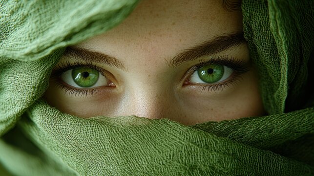 Close-up of a woman's face with green eyes and a green headscarf