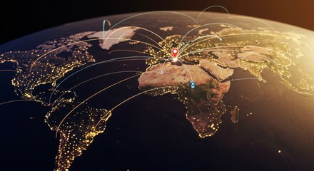 Global Network Connections: A Hyperrealistic World Map - Illustrates worldwide connectivity, global business, international trade, travel routes, and communication networks. Symbolizing collaboration