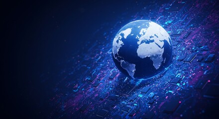 Fototapeta premium Global Network Connectivity - A globe rests on a circuit board, symbolizing global interconnectedness and technology