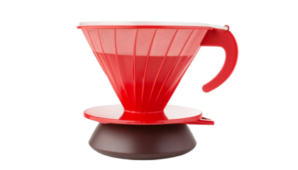 Red plastic coffee dripper with brown base.  