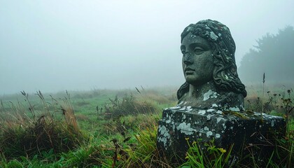 Obraz premium Old stone monument in an overgrown field enveloped in heavy fog