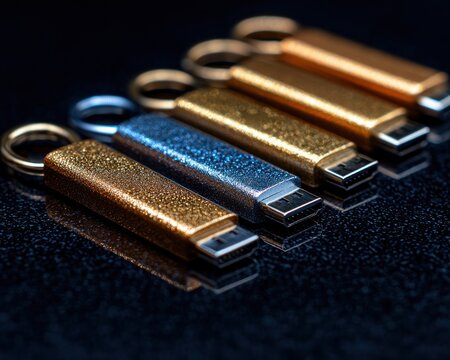 A collection of sparkling USB drives arranged in a row on a reflective surface