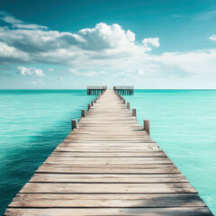 Obraz premium A long wooden pier extending into turquoise waters under a sunny sky, symmetrical composition. Dominant colors: aquamarine, sandy brown, white clouds