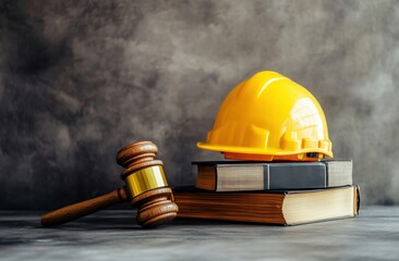 A wooden gavel and a yellow hard hat rest on a stack of law books against a gray background