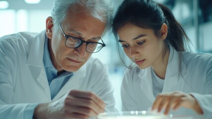 A senior and young scientist collaborate closely, examining a sample in a lab setting.
