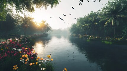 Serene Tropical River Landscape Sunrise Palm Trees Flowers Birds Peaceful Nature Scene Tranquil Morning Sunlight Calm Water Beautiful Scenery Exotic  