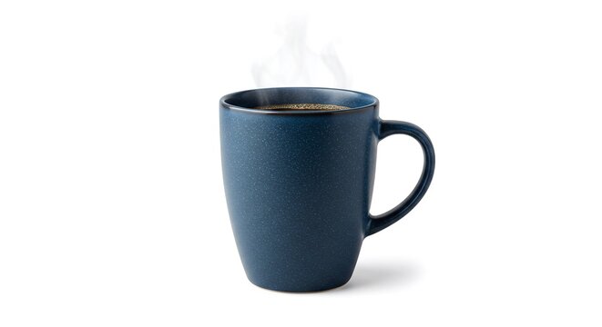 A blue coffee mug with steaming coffee isolated on a white background in a studio setting view