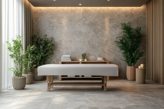 Serene spa room with massage table, plants, and calming neutral tones.