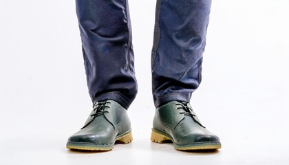a close-up shot of a man's feet, showcasing stylish leather shoes. The shoes are black, and the man wears dark pants.