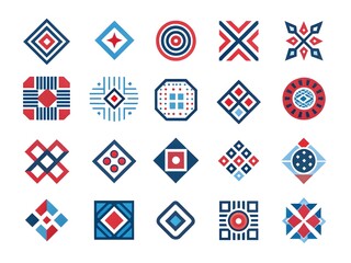 3D Geometric Pattern Icons Set in Red White Blue for Graphic Design