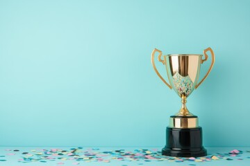 A shiny golden trophy with black base on a blue background with colorful confetti